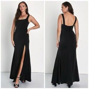 Lulus You're a Gift Black Satin Bow Back Mermaid Maxi Dress Size Small NEW